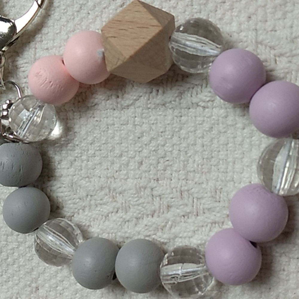 Wooden Keychain Pink, Purple & Gray on stretchy cord w Gray tassel #15 - Picture 3 of 3